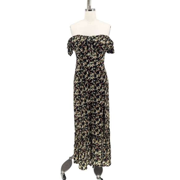 Urban Outfitters Floral Off Shoulder Midi Dress Black Green M bohemian summer - Picture 1 of 11